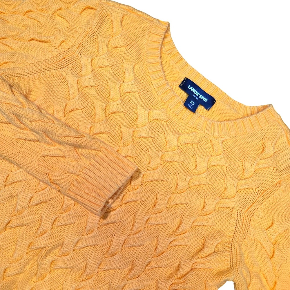 Lands End Drifter Sweater Womens XS Yellow Cotton Cable‎ Knit Crewneck Fisherman